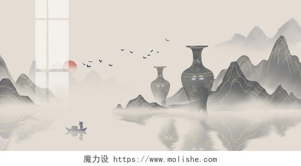 唯美中国风水墨陶瓷背景原创插画海报